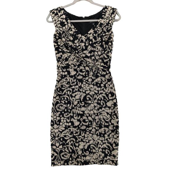 Adrianna Papell‎ Printed Dress 4 Black Tan Bodycon Cocktail Mini V-Neck Stretch - Picture 1 of 12